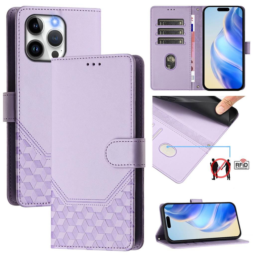For iPhone 15 Pro Max Case Imprinted Honeycomb RFID Blocking Leather Phone Cover with Strap