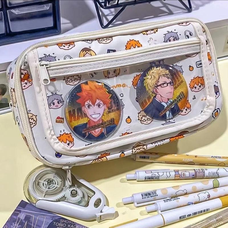 Anime Haikyuu!! Flip Cover Transparent Pencil Case Cartoon Multi-layer Large Capacity Stationery Bag Student Learning Supplies