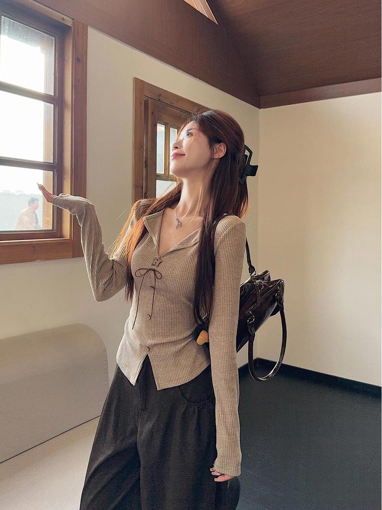 Retro Bow V-Neck Long-Sleeve Women's Slimming Top - 2025 Autumn Collection