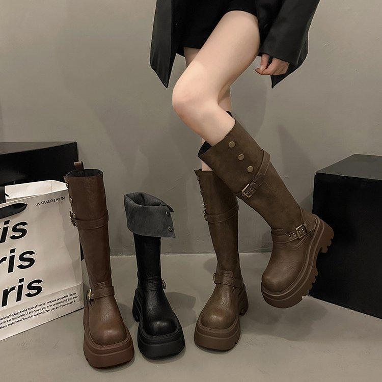Leather But Knee Boots Women's 2025 Autumn New Retro Handsome Versatile Maillard Platform Knight Boots Winter