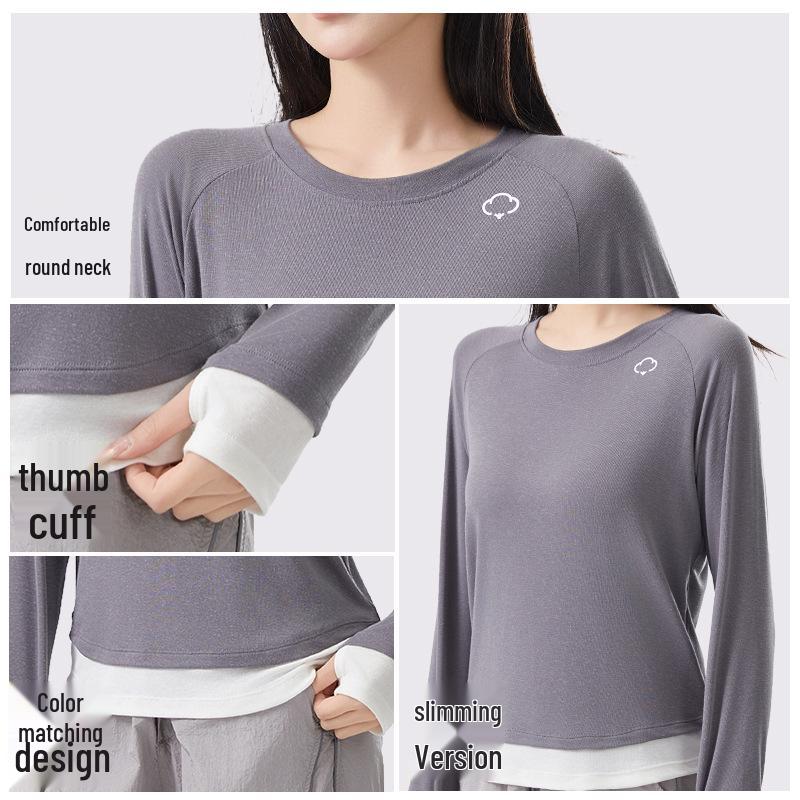 Dámské průsvitné tričko s dlouhým rukávem z lyocellu a lnu slim-fit s designem falešného dvoudílného vzhledu