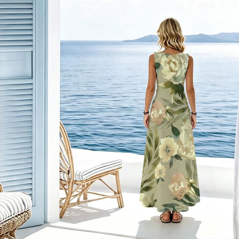 Summer Sleeveless Floral Beach Maxi Dress Lightweight Loose,Flattering for Beach Vacation Daily Casual