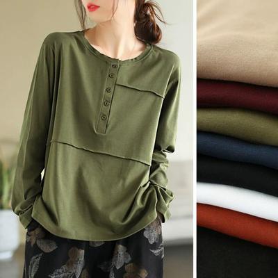 T-shirt casual da donna a maniche lunghe slim fit con spacchi e bottoni sul fondo per primavera e autunno