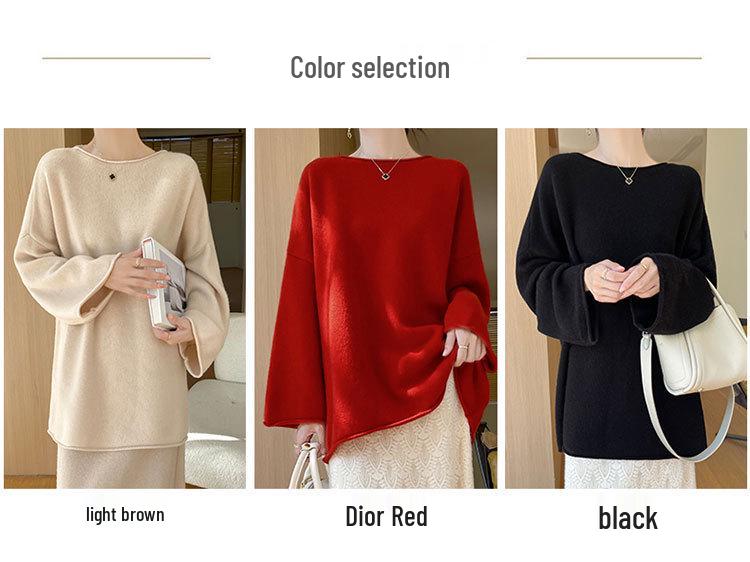 Women's Mid-Length Wool-Cashmere Sweater - 2025 Autumn/Winter Collection, Round Neck, Loose Fit, Knit Outerwear.