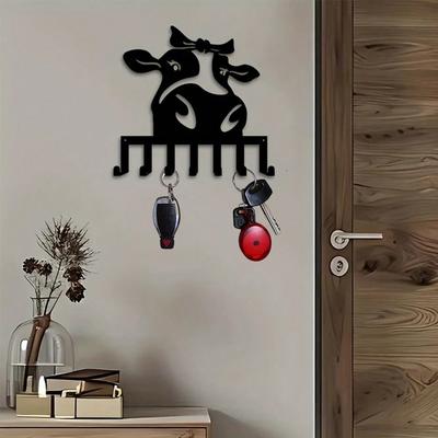 Farmhouse Cow Key Rack Heavy Duty Wall Decor with 7 Hooks for Keys Jacket Hat Vintage Country Home Office Entryway Storage Gift