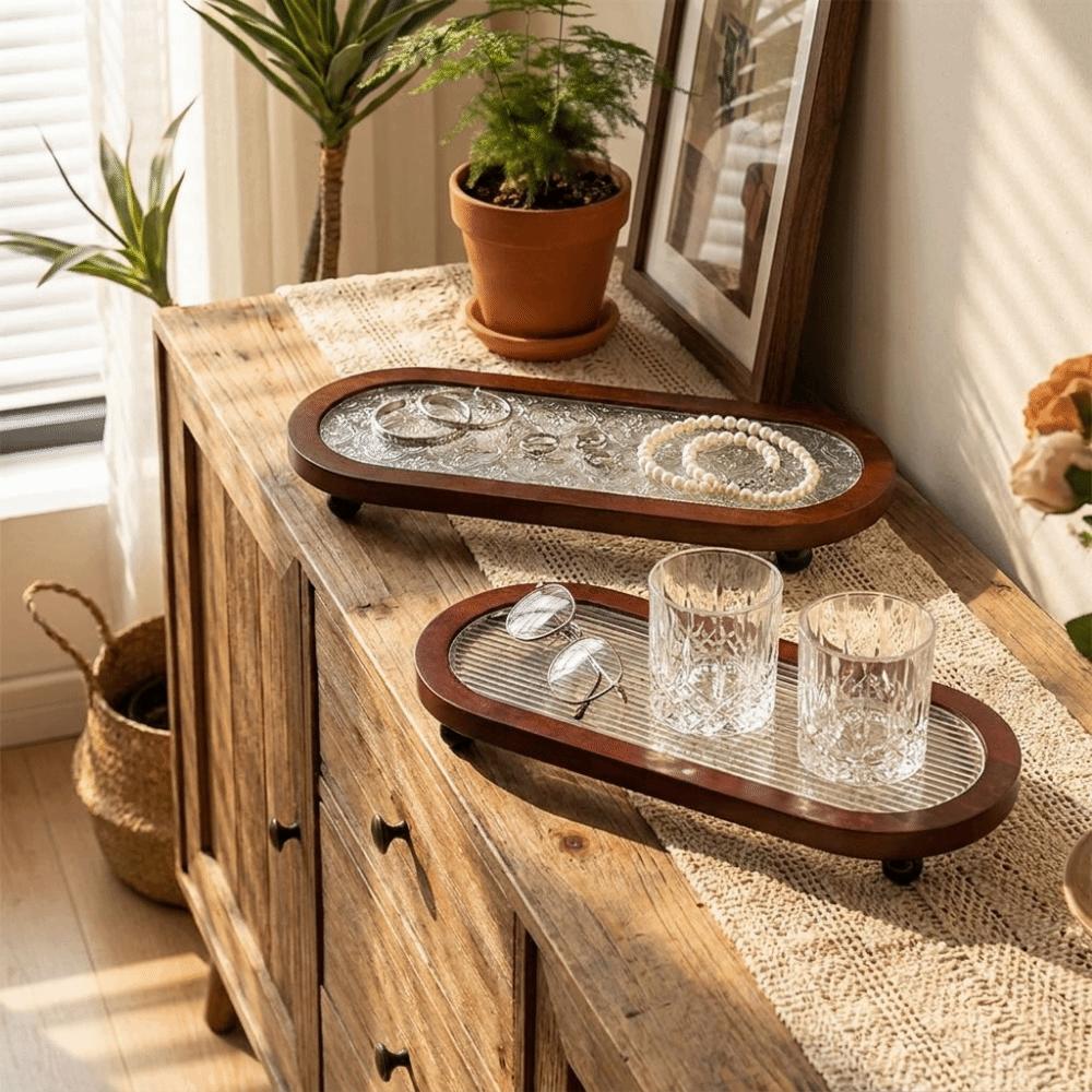 Embossed Pattern Oval Wooden Decorative Tray Jewelry Perfume Display Tray for Living Room