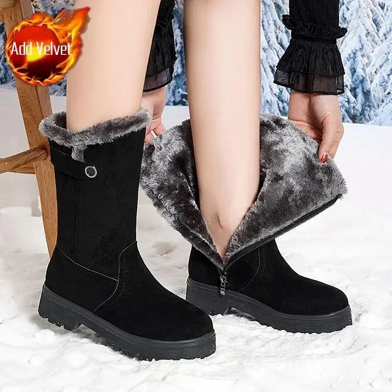 Elegant Ladies Shoes Large Size Warm Women's Snow Boots Medium Heels Designer Luxury Fashion Lamb 2024 Chic Plush Gyaru On Offer