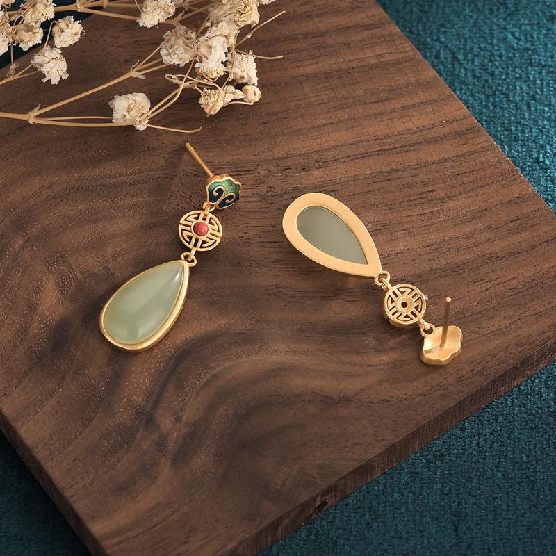Aieryuan Hanfu Enamel Stud Earrings with Imitation Jade & Southern Red Agate Cloud Design