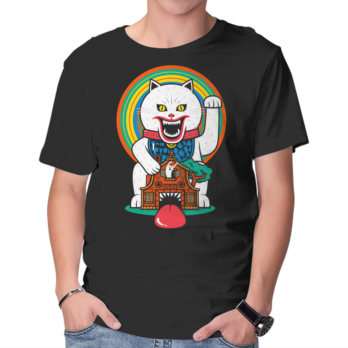 Unisex Crew Neck T-Shirt Haunted Cat House Graphic Short Sleeve Casual Tee XXXXL
