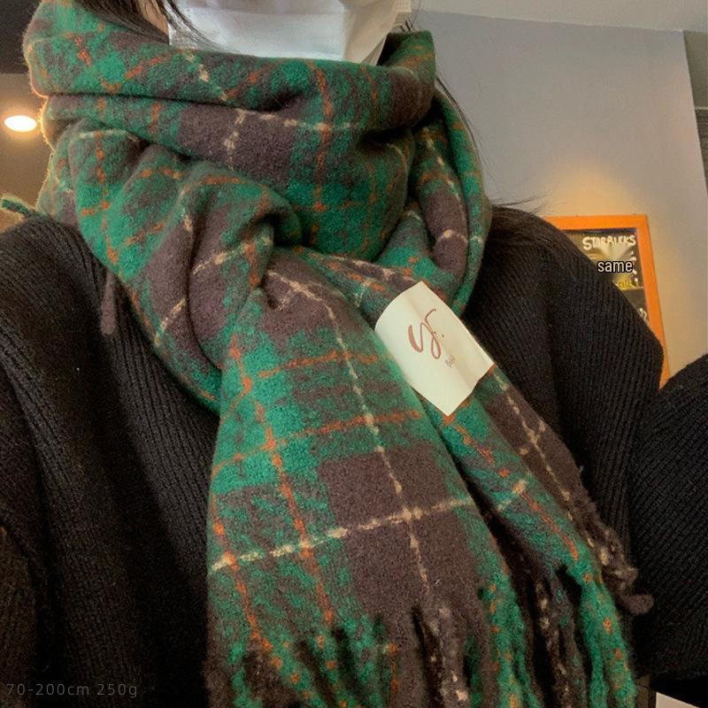 Korean Style Plaid Mohair Scarf - Women's Winter Imitation Cashmere Shawl