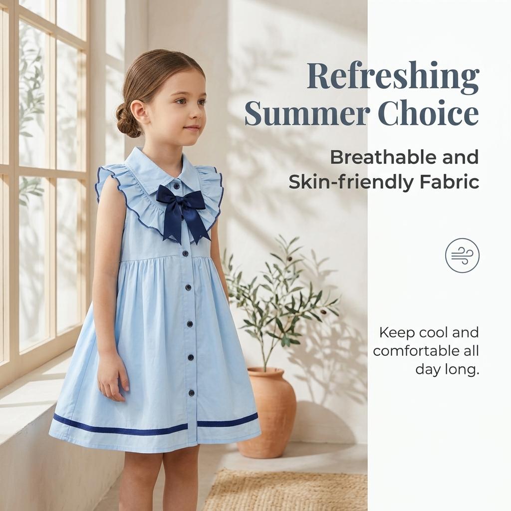 Toddler And Little Kids College Style Collared Lace Bow Sleeveless Children'S Dress Woven Cotton Summer Dress