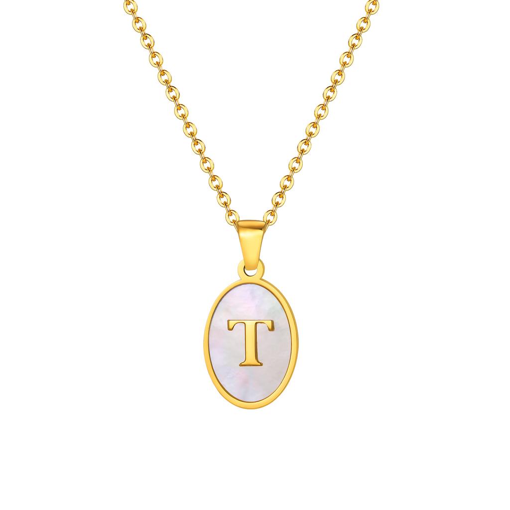 Stainless Steel Oval White Shell Letter A-Z Initial Pendant for Women,Gold Plated 26 Letters Necklaces,Trendy Jewelry Gift
