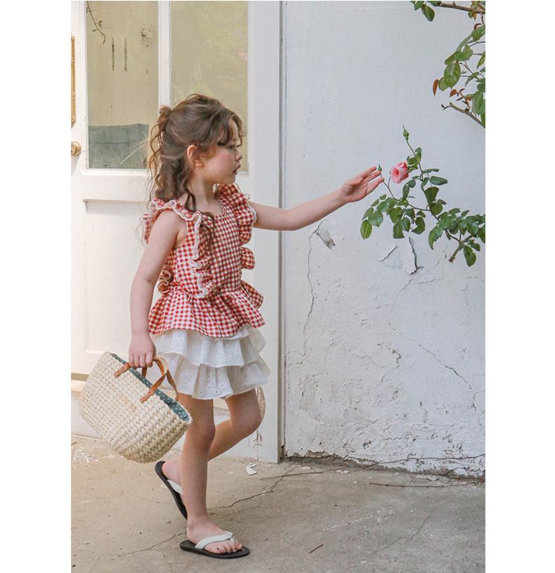 Mädchen Karierte Rüschen Ärmellose Weste - Sommer 2024, Reine Baumwolle, Alter 3-10