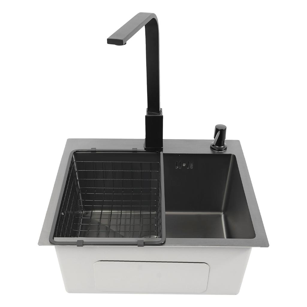 16x12 Inch Stainless Steel Kitchen Sink – 201 Stainless Steel with Nano Coating – Complete Set with Faucet, Soap Dispenser & Drain Basket – Black/Grey
