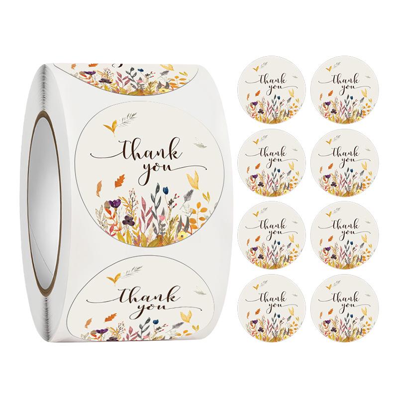 500-Roll 3.8cm Floral Thank You Stickers: Round Adhesive Labels for Gift Wrapping & Sealing