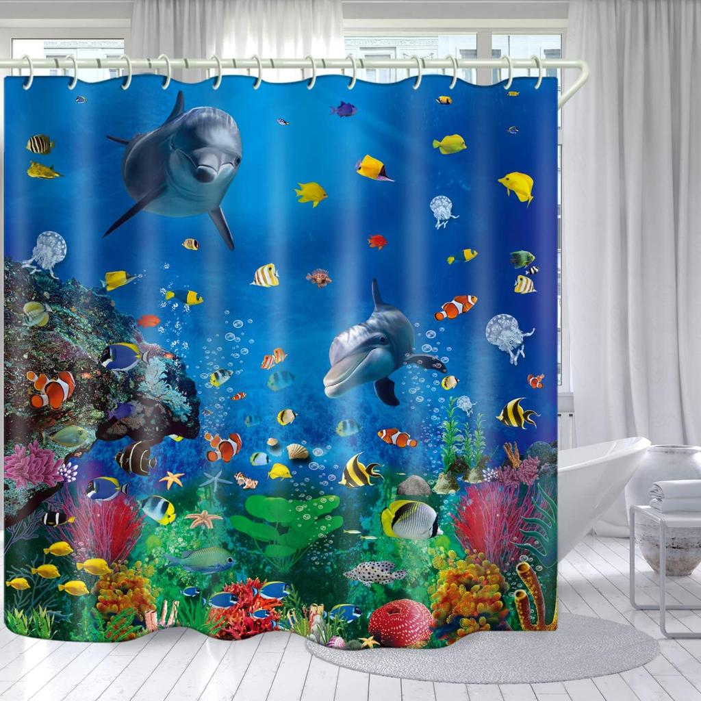Bathroom Underwater World 3D Shower Curtain, Deluxe Standard Bathtub Shower Curtain, Waterproof Washable Fabric Shower Curtain, with 12 White Hooks,