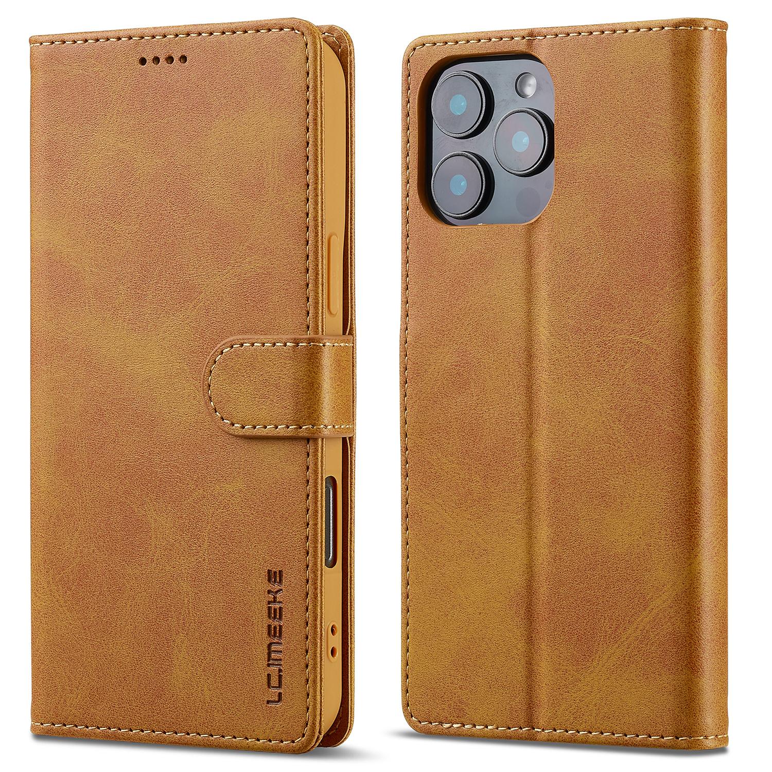 

LC.IMEEKE For iPhone 16 Pro Case Calf Texture PU Leather Stand Wallet Phone Cover Yellow