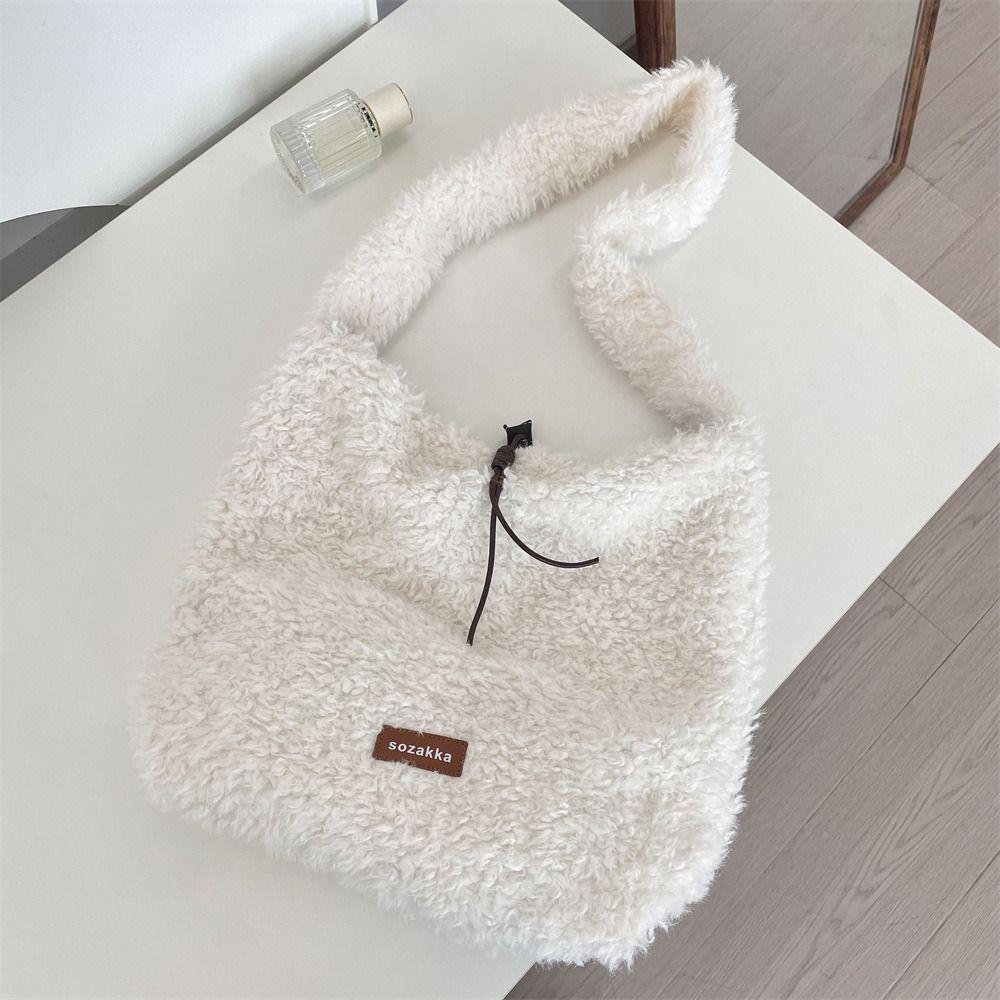 Vintage Lamb Wool Shoulder Bag Harajuku Plush Underarm Bag Vintage Fluffy Tote Bag  Women