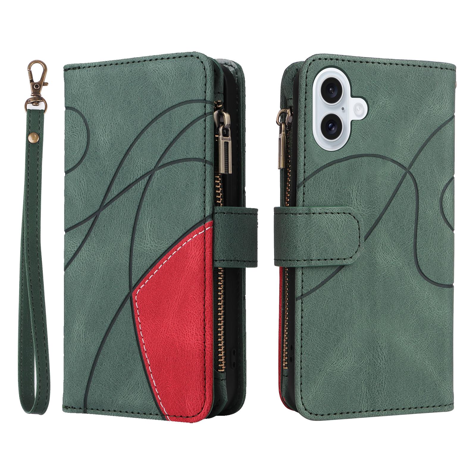 

Кожаный чехол для iPhone 17 с ремешком, на молнии, с 9 отделениями для карт, чехол-подставка для телефона Green