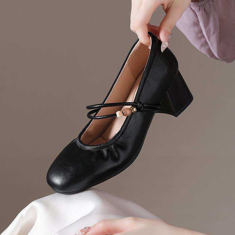 Mary Jane women's shoes 2025 spring and autumn new thick heel shallow mouth single shoes women's medium heel soft leather French temperament small le