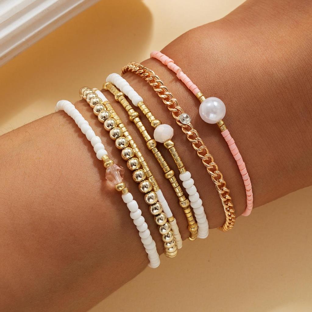 Conjunto de Pulseiras Elásticas com Contas de Cristal e Arroz Personalidade Estrela da Moda Transfronteiriça para Mulheres - 6 Peças