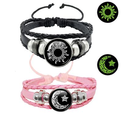 2 stuks/set Zon en Maan Liefhebbers Leren Armband Punk Meerlaags Kralen Gevlochten Verstelbare Armband Set Voor Koppel Sieraden