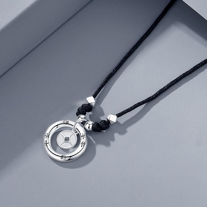 Real Shot Light Luxury: 999 Sterling Silver Ping An Kou Coin Necklace with Hand-Woven Black Rope