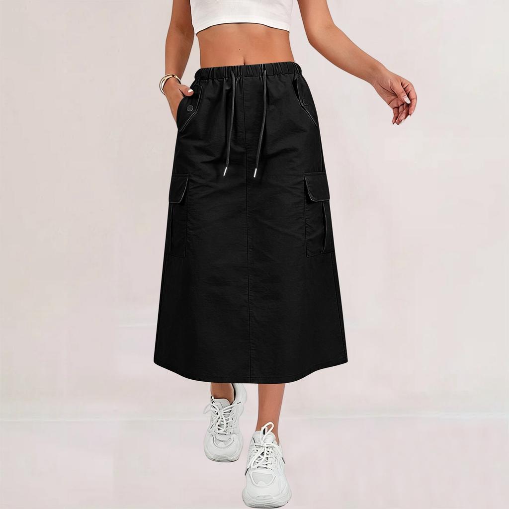 Women's Casual Long Cargo Skirt with Drawstring Waist and Pockets Lightweight Comfortable Workwear Style Skirt for Everyday Use