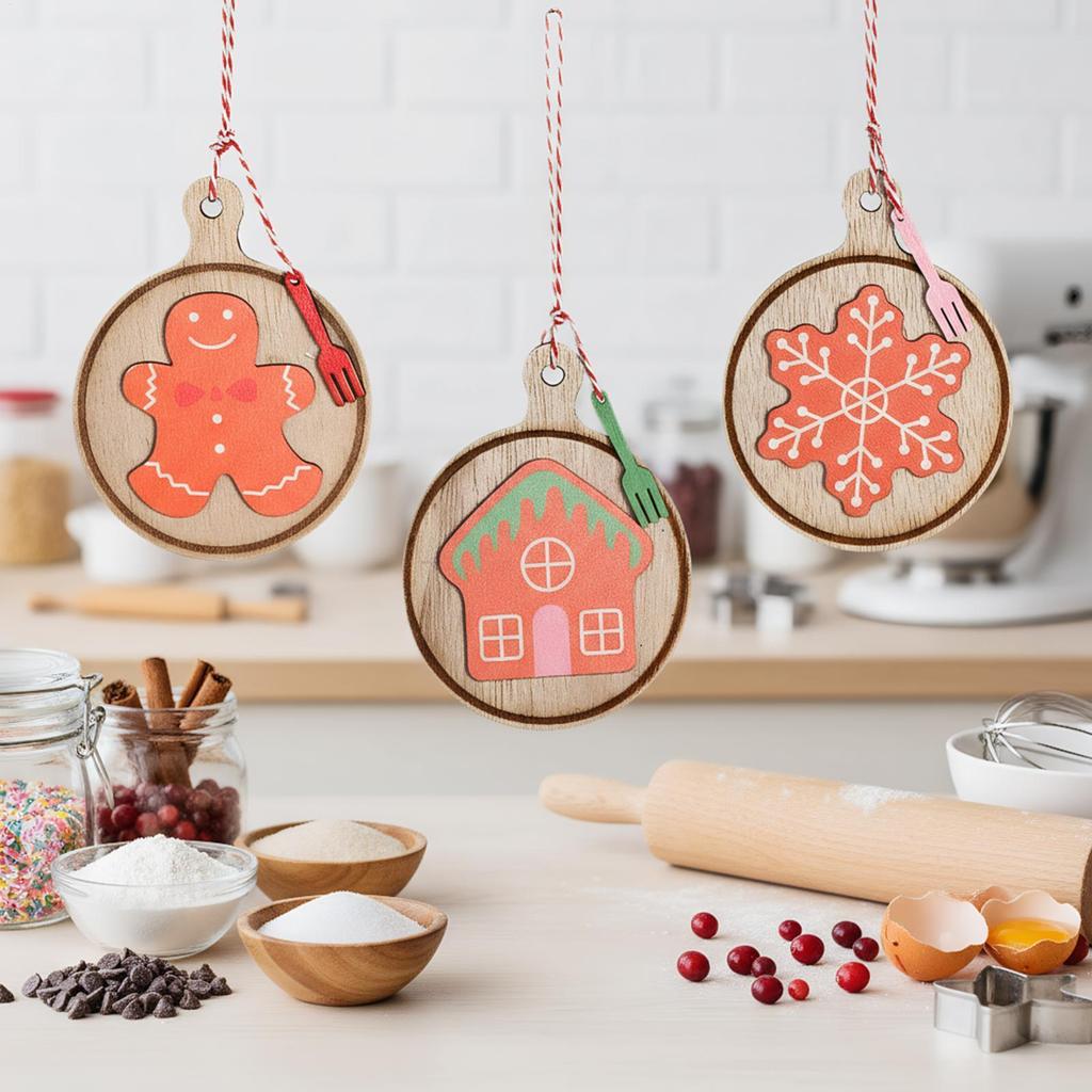 3 Pieces Wooden Christmas Pendant Ornaments Gingerbread Man, Snowflake, Cabin Shaped Pancake Christmas Tree Decoration