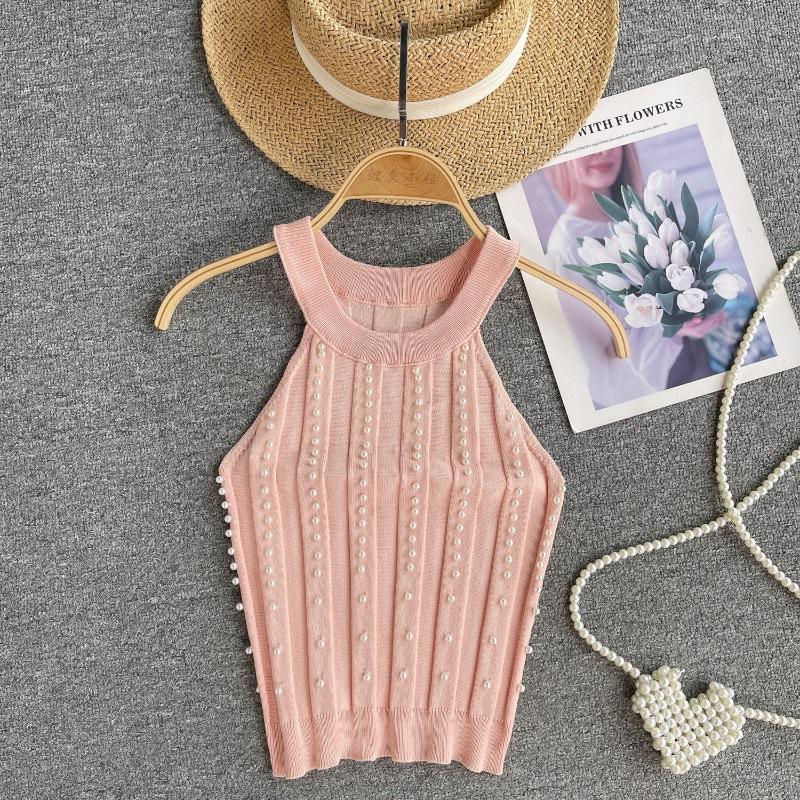 

Топ Pure Desire Женский Тяжелая промышленность Бусины Облегающий Короткий Сексуальный С открытыми плечами Вырез на лямках Жилет Женский Универсальный Вязаный Свитер Тренд One size розовый