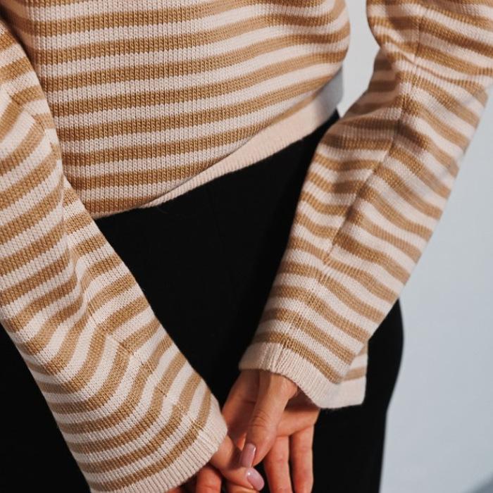 GMXIA Women's Striped Sweater Autumn Fashion Trend Thread Clashing Colour Crew Neck Knit Striped Sweater