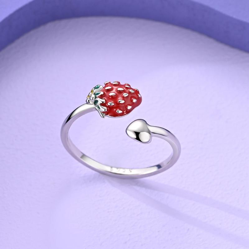 Original 925 Sterling Silver Cute Strawberry Bead Pendant Hoop Earrings Open Ring Leather Rope Bracelet For Women Jewelry Gift