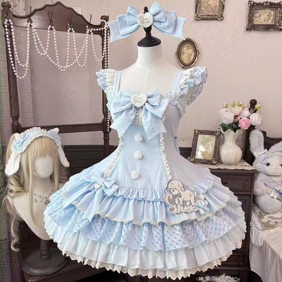 

Japanese Sweet Blue Lolita Suspender Neck Skirt Lolita Flower Girls Marriage Fluffy Princess Dress Women Party Wedding Dress XS синий