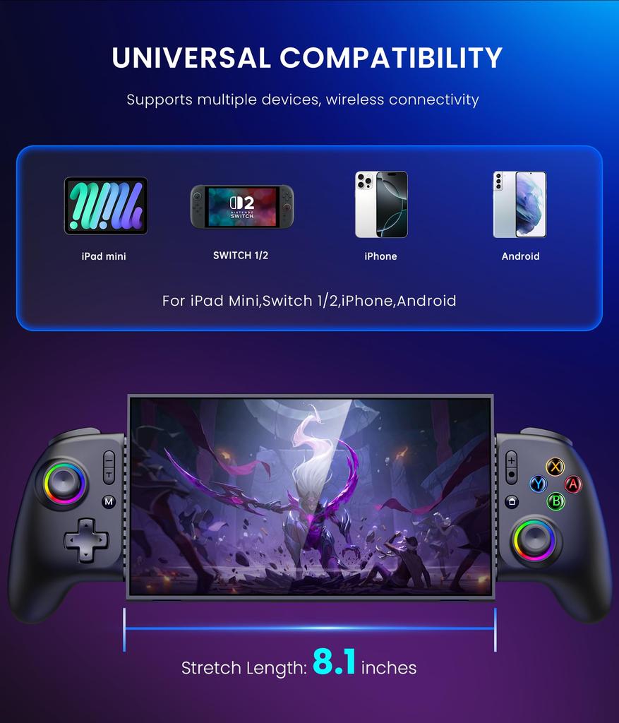 200mm Extendable Tablet Controller for Switch and with RGB Macro Handheld Grip Controller Gyro Rapid and 1000mAh Battery 2, Switch, OLED, iOS,