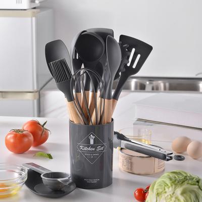 Silicone Kitchenware Set with Wooden Handles Heat Resistant Turner Tongs Spatula Spoon Brush Whisk Nonstick Cooking Tools