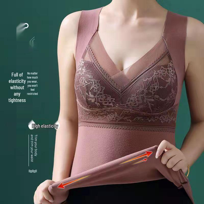 German Velvet Warm Vest with Lace Base Layer and Chest Pad - Plus Size Seamless Self-Heating Bra for Autumn and Winter