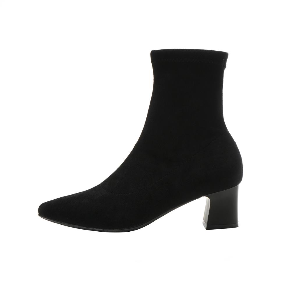 High heels women's autumn and winter pointed knitted women's short boots black heel medium tube elastic Martin boots suede women's socks boots versa