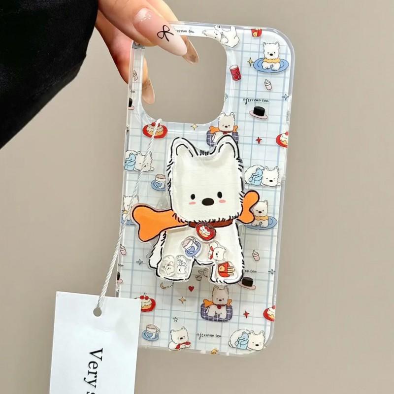 Cartoon West Highland Terrier Phone Case With Wobbly Bone Stand IPhone 17 Pro Max 16 15 14 13 Silicone Full Cover