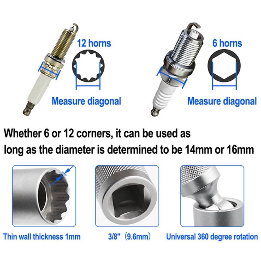 2PCS Spark Plug Removal Tool 14mm16mm Spark Plug Socket Wrench Adapter with Magnetic Socket Thin Wall 3/8" Drive Car Repair Too