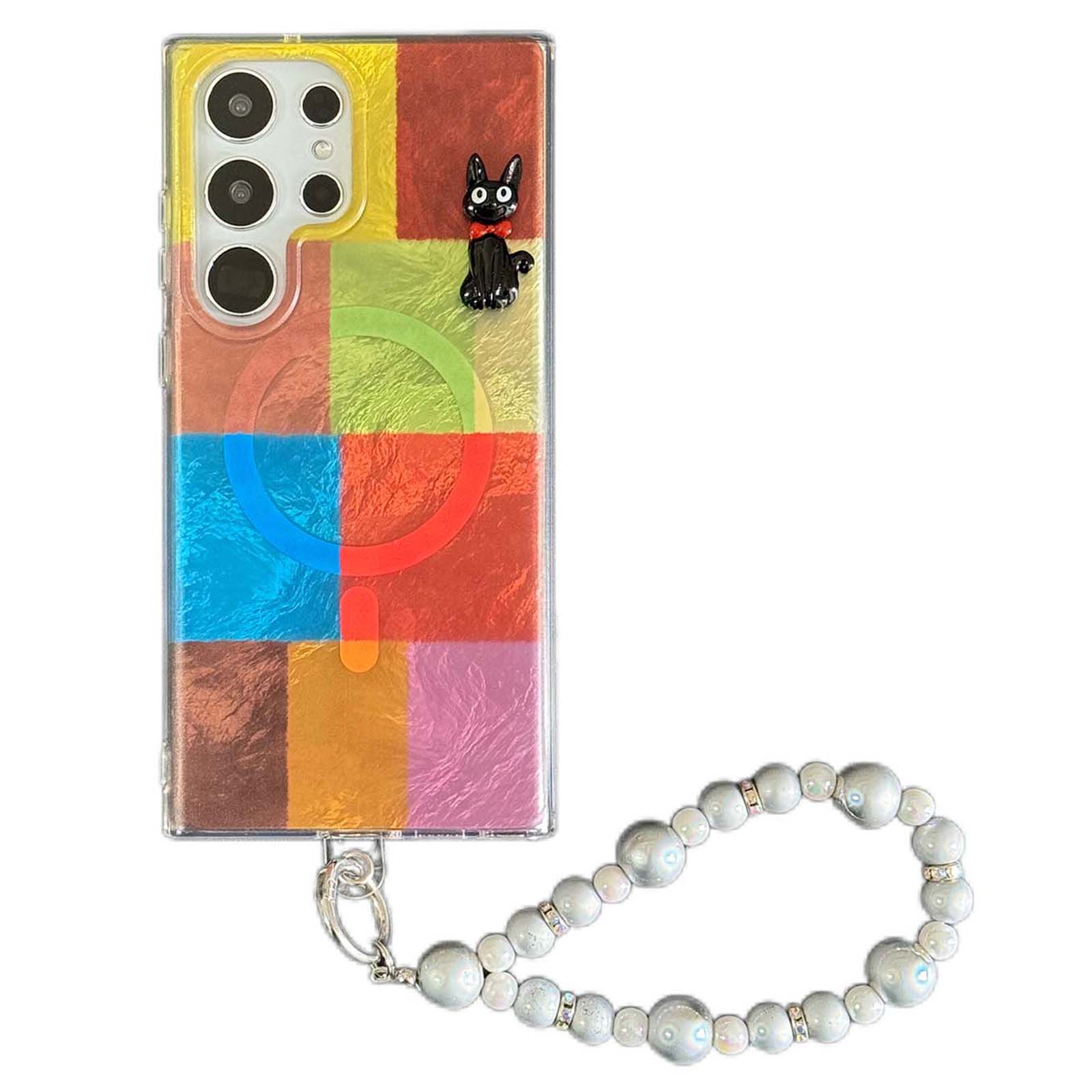 

For Samsung Galaxy S24 Ultra Magnetic Case Flower Pattern PC+TPU Phone Cover with Beads Hand Strap A