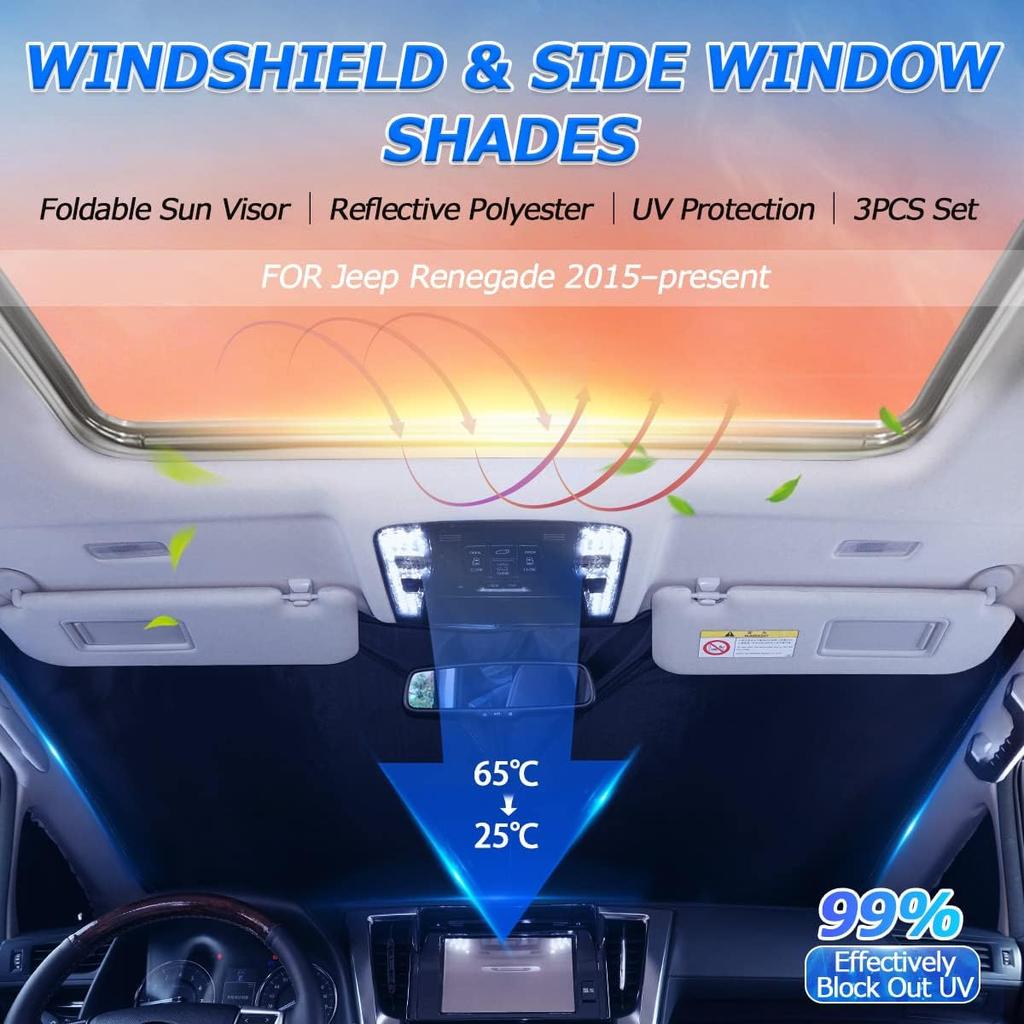 Karltys 3PCS Front And Side Windshield Sun Shade For 2015-2024 2025 Jeep Renegade, Reflective Window Sunshade Fit Renegade, Foldable Sun Shield Sun