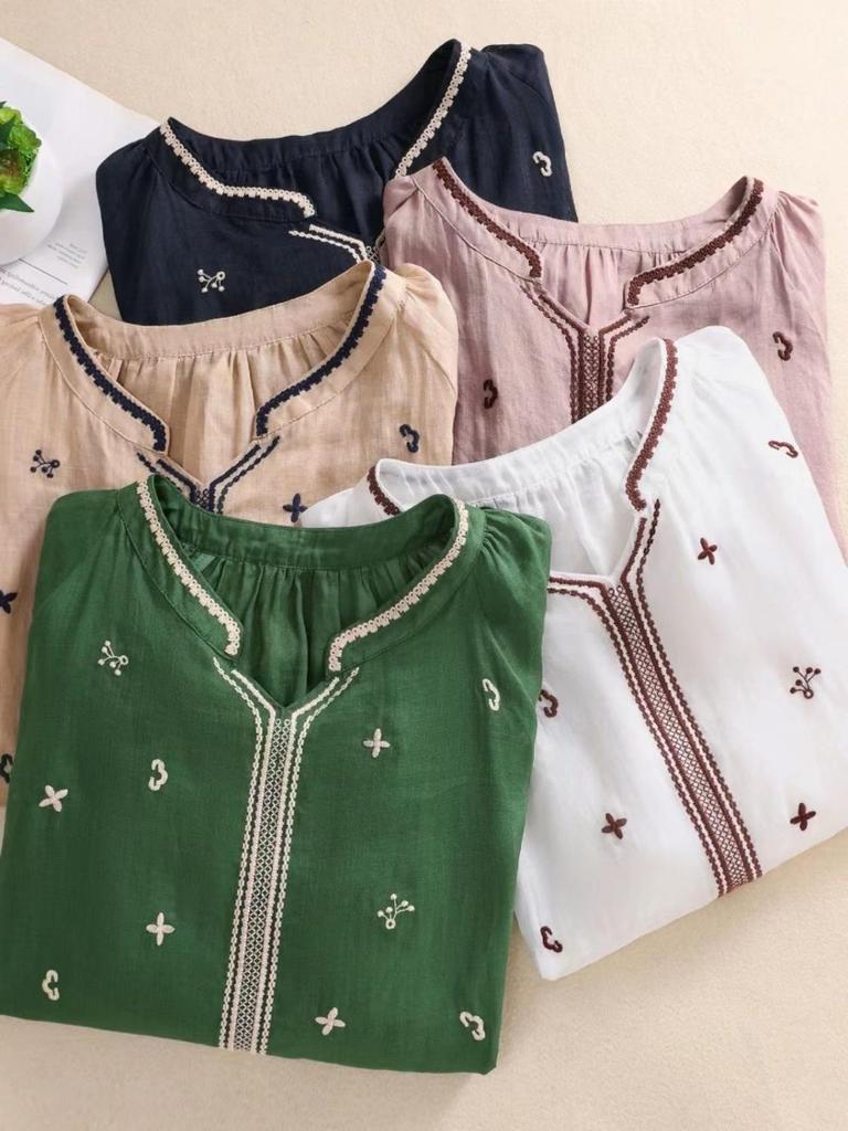 Besticktes Baumwoll-Leinen V-Ausschnitt Halbarm Retro-Hemd - Lässig, Figurbetont und Altersreduzierend