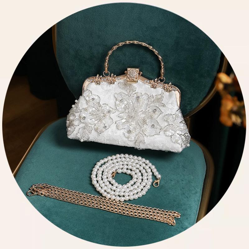 Johnature Pearl Embroidered Handbag Antique Cheongsam Banquet Women Chain Bag Versatile Elegant Lady Shoulder Bags