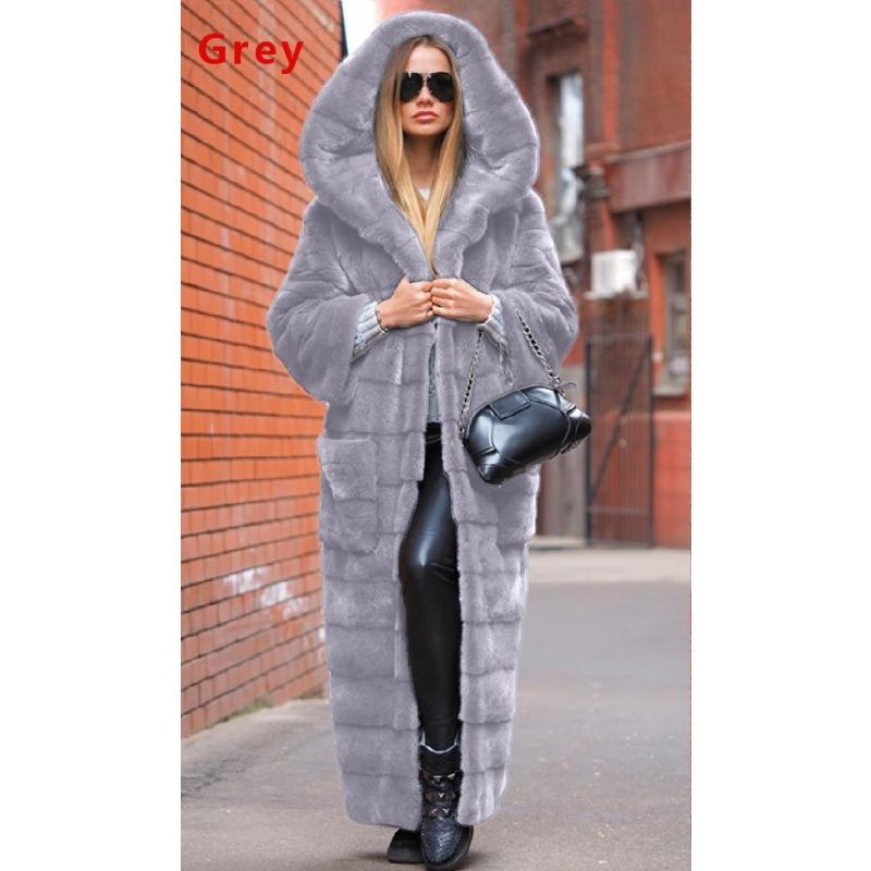 

Autumn new imitation fur coat hooded cotton coat thickened and long plush coat women s coat trench coat S серый