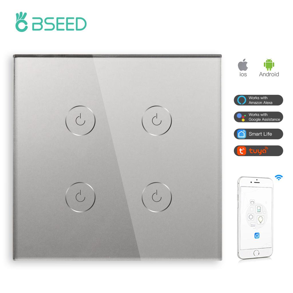 BSEED Wifi 1/2/3 Gang 1 Way Smart Switch LED Buttons Glass Panel Smart Switch Work With Tuya Google Home EU Touch Switch 600W