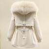 Women's White Hooded Down Jacket with Fur Collar