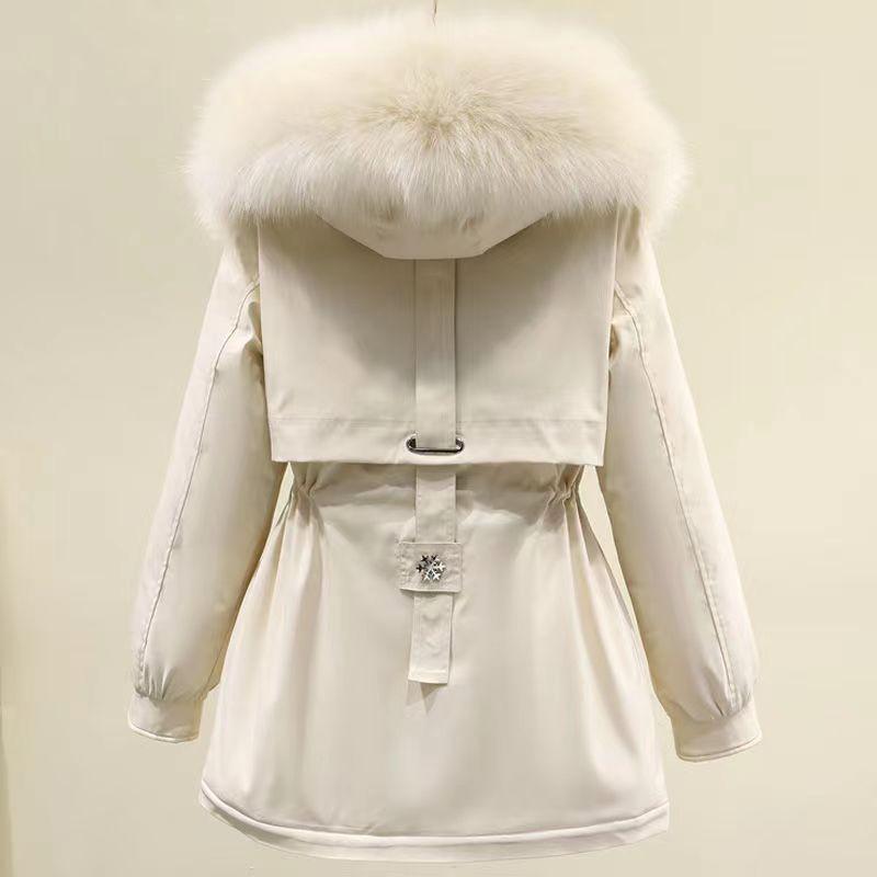 Women's White Hooded Down Jacket with Fur Collar