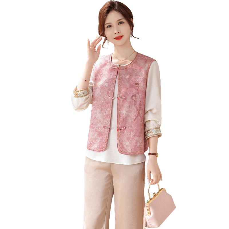 Elegant Spring National Style Two-Piece Vest Set for Mother's Day - Chic Middle-Aged & Elderly Women's Fashion
