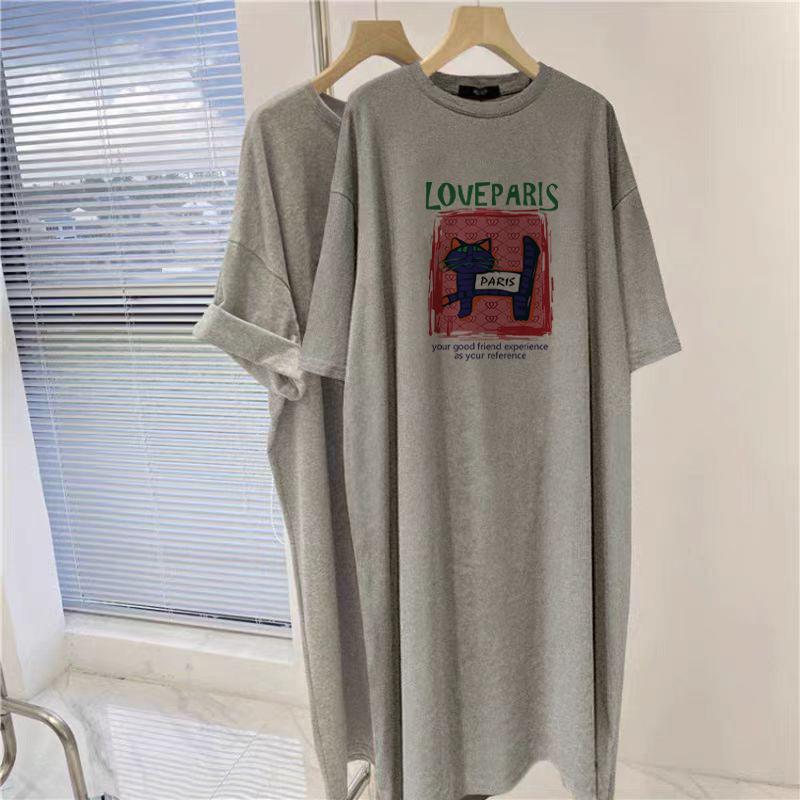 Średnia i Długa Czarna Bawełniana Sukienka z Krótkim Rękawem do Kolan dla Kobiet Letnia Najnowszy Zagraniczny Styl Wygodny Krój Spódnica T-shirt z Rozcięciami