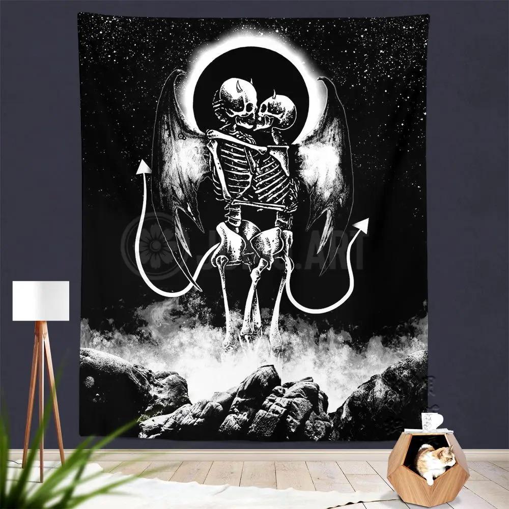 Black and White Couple Skull Background Pattern Tapestry Home Wall Decoration Tapestry Bedroom Living Room Tapestry